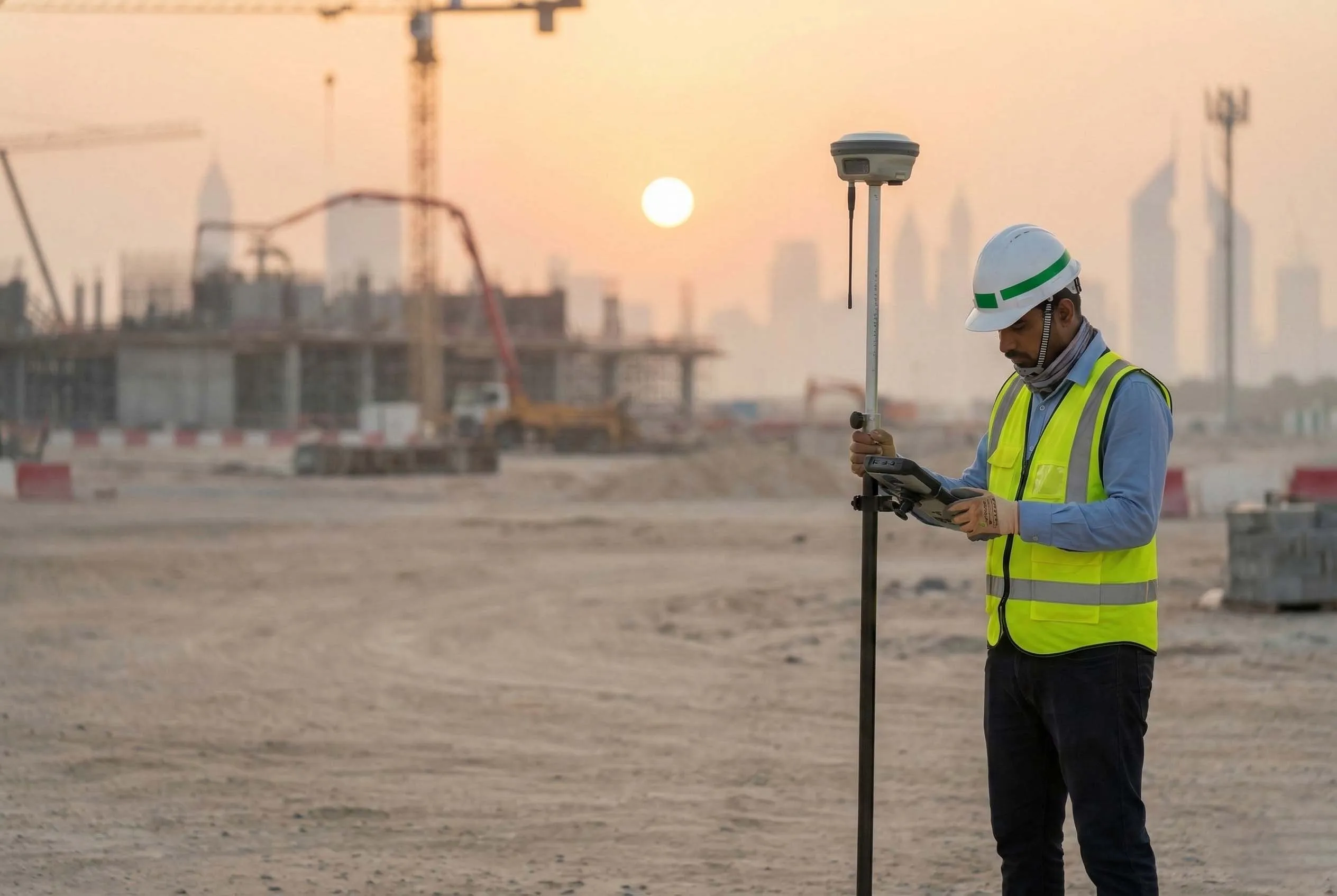 Surveyors using GNSS RTK and a total station at a UAE construction site.