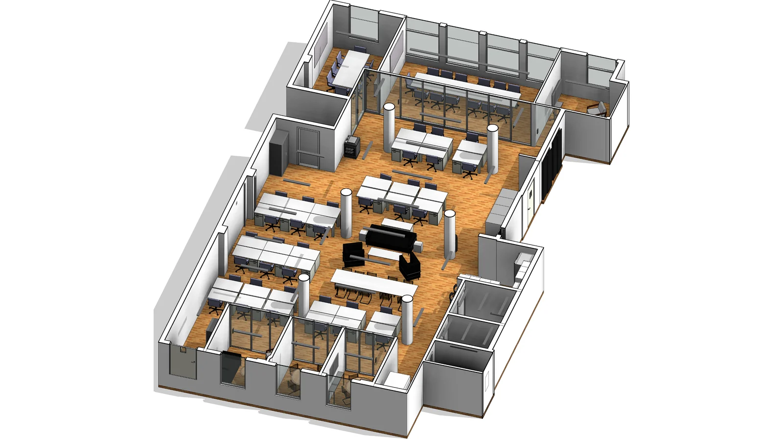 Revit model of the same office floor, built from the scan