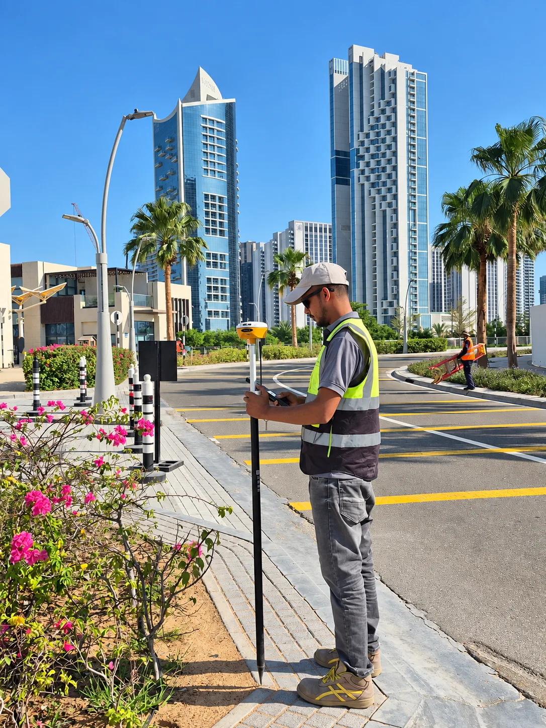 AWSE surveyor taking RTK GNSS observations on the kerb line during a topographic survey